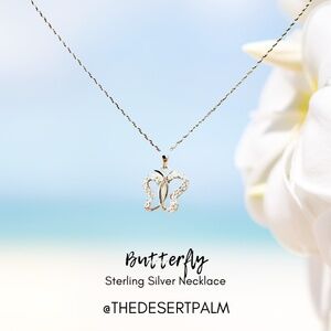 Sterling Silver Butterfly Crystal Pendant Necklace 26" Chain
